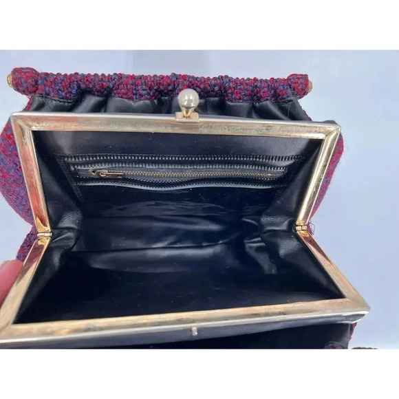 Vintage 50's Wool Red/Blue Tweed Handbag Double Handle Snap Clasp 8" X 12" x 4" - Picture 12 of 13